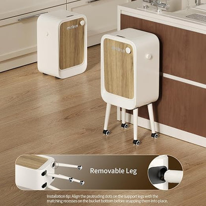 MRBIN Stainless Steel Motion Sensor Trash Can Bathroom with Butterfly Lid and Leg, 5.5 Gal Wheeled Tall Automatic Smart Waste Basket Garbage for Bedroom, Kitchen, Cream White with Walnut Pattern