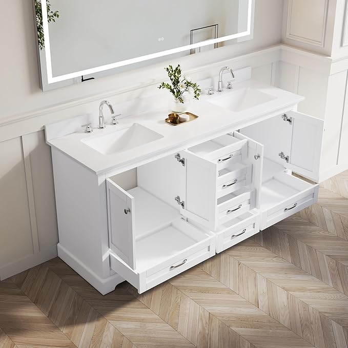 WELLFOR 72 Inch Bathroom Vanity with Double Sinks, Solid Wood Bathroom Vanity W/4 Soft-Close Doors and 6 Drawers, Cultured Marble Countertop Bathroom Vanities W/Two Sinks (White)
