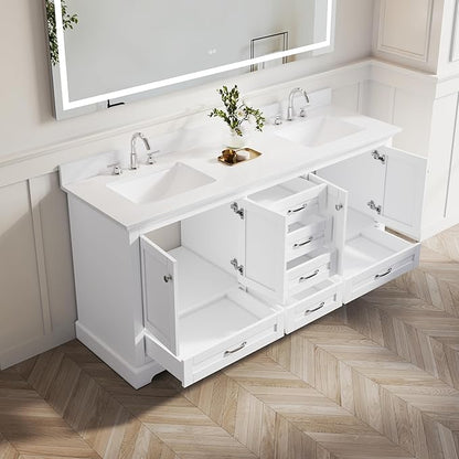 WELLFOR 72 Inch Bathroom Vanity with Double Sinks, Solid Wood Bathroom Vanity W/4 Soft-Close Doors and 6 Drawers, Cultured Marble Countertop Bathroom Vanities W/Two Sinks (White)