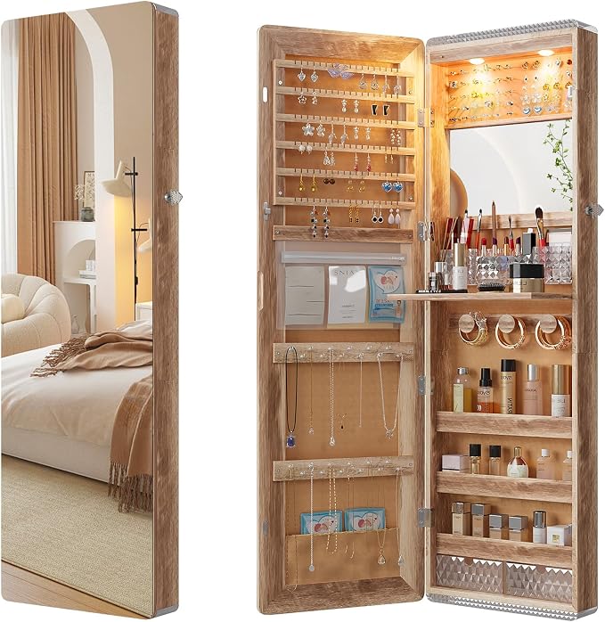 HNEBC Over the Door Jewelry Organizer with LED Lights, 47.2" Full Length Mirror with Storage, Wall Mounted Jewelry Armoire, Hanging Mirror with 2 Drawers,Lokable,3 Shelves(Wood)