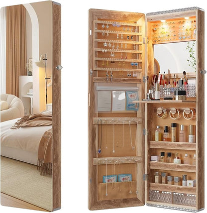 HNEBC Over the Door Jewelry Organizer with LED Lights, 47.2" Full Length Mirror with Storage, Wall Mounted Jewelry Armoire, Hanging Mirror with 2 Drawers,Lokable,3 Shelves(Wood)