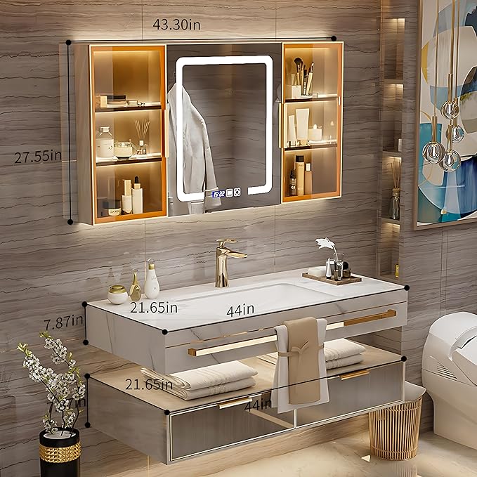 Bathroom Vanity with Sink - Single/Double Sink Bathroom Vanity & LED Fog Removal Mirror Cabinet, Modern Design, Wall-Mounted Floating Vanity (Single Sink, 44")