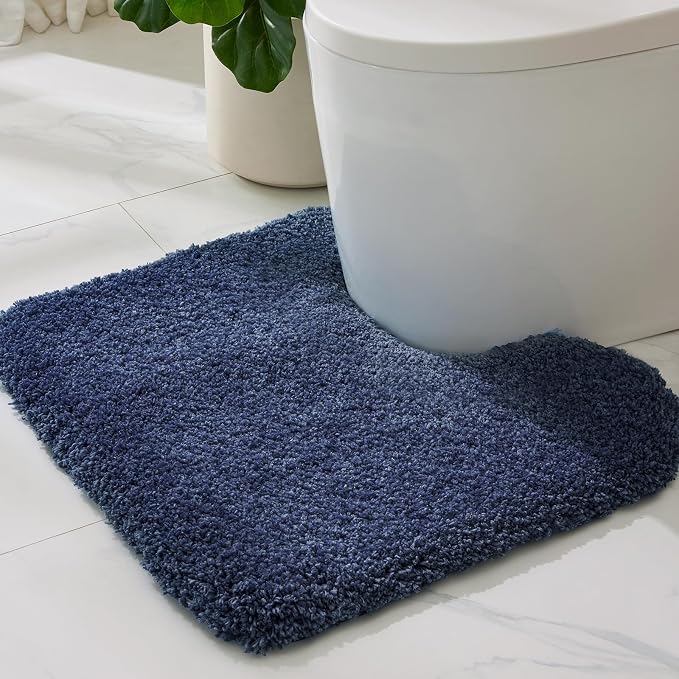 ILANGO Navy Blue Toilet Rugs U Shaped 22" × 24" Non Slip & Super Absorbent Extra Thick Soft, Washable Bath Mats for Bathroom Floor, Microfiber Plush Shaggy Contour Bath Rugs for Toilet,Dry Quick