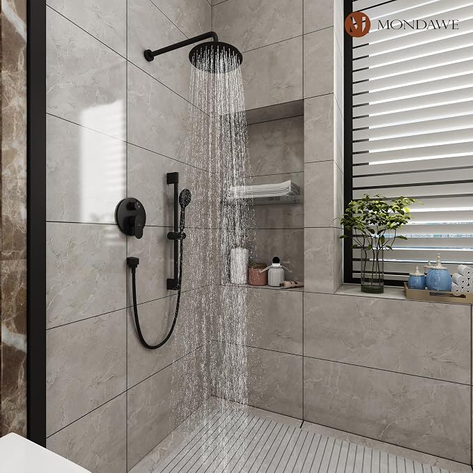 MONDAWE 9 Inch Wall Mounted Shower Faucet Set in Matte Black, Rainfall Shower Head with 3-Setting Handheld Spray Shower Set Combo, High Pressure Shower System with Solid Brass Valve