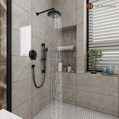 MONDAWE 9 Inch Wall Mounted Shower Faucet Set in Matte Black, Rainfall Shower Head with 3-Setting Handheld Spray Shower Set Combo, High Pressure Shower System with Solid Brass Valve