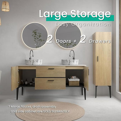 60" Double Bathroom Vanity with Sink Combo, Mid-Century Modern Bath Cabinet with Carrara Marble Finish Sink, 2 Doors & 2 Drawers, Large Storage for Bar, Hotel, Apartment, Natural Oak