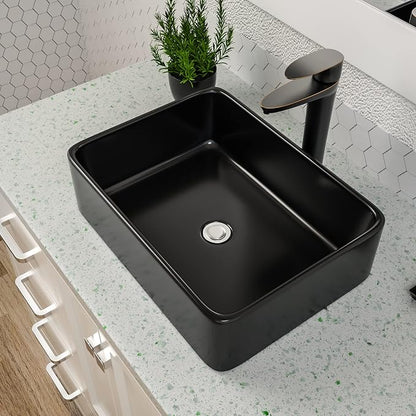 Black Vessel Sink Rectangle, Dcolora 19"x15" Matte Black Bathroom Vessel Sink Rectangular Above Counter Ceramic Porcelain Lavatory Vanity Sink Bowl Basin