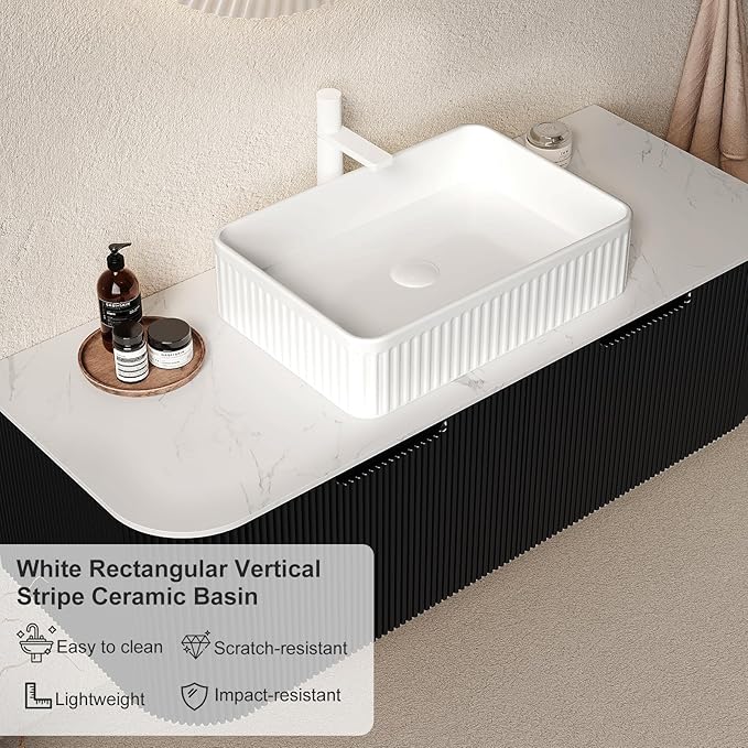 48 inch Floating Bathroom Vanity with Sink, Modern Bathroom Vanities with White Rectangular Ceramic Basin and Marble Top, 2 Large Soft-Closing Storage Drawers, Pre-Assembled Cabinet, Gloss Black