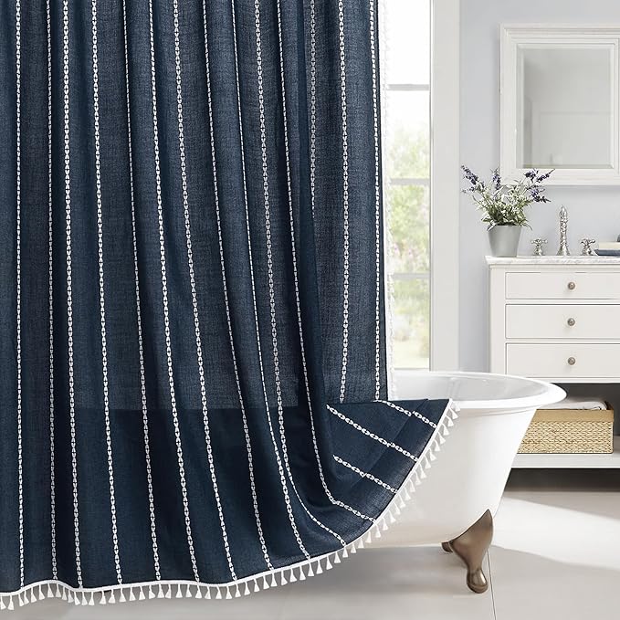 Boho Farmhouse Tassel Linen Shower Curtain,3D Embroidery Stripe Navy,72x78 | Long Tall,310GSM Linen Texture Heavy Duty Cloth,Water Repellent,Wrinkle Resistant,Vintage Rustic Country design