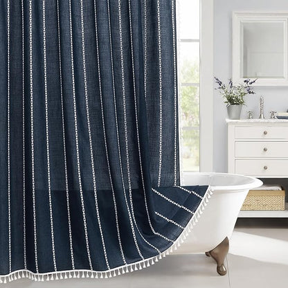 Boho Farmhouse Tassel Linen Shower Curtain,3D Embroidery Stripe Navy,72x78 | Long Tall,310GSM Linen Texture Heavy Duty Cloth,Water Repellent,Wrinkle Resistant,Vintage Rustic Country design