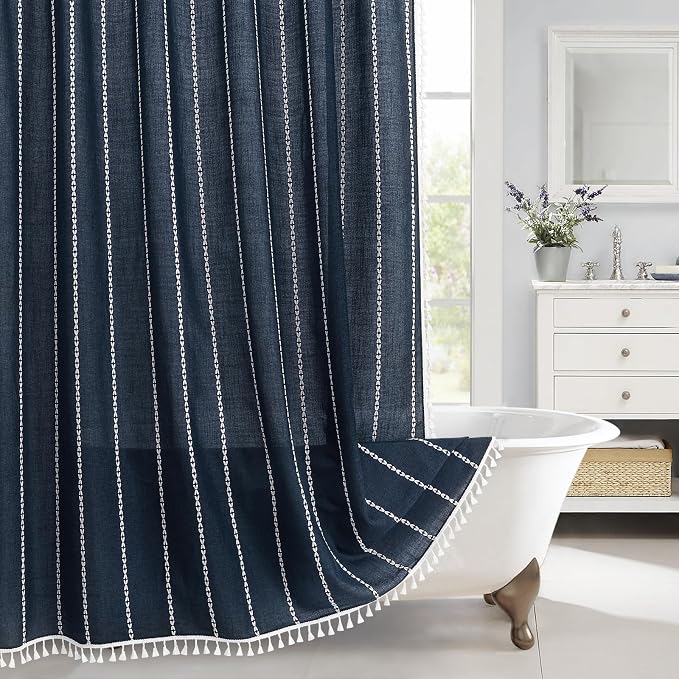 Boho Farmhouse Tassel Linen Shower Curtain,3D Embroidery Stripe Navy,72x72 | 310GSM Linen Texture Heavy Duty Cloth,Water Repellent,Wrinkle Resistant,Vintage Rustic Country design