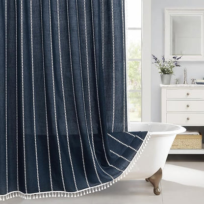 Boho Farmhouse Tassel Linen Shower Curtain,3D Embroidery Stripe Navy,72x72 | 310GSM Linen Texture Heavy Duty Cloth,Water Repellent,Wrinkle Resistant,Vintage Rustic Country design