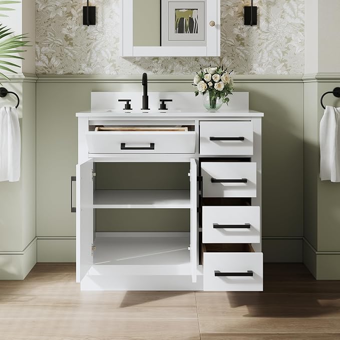 36-Inch Bathroom Vanity with Sink W/ 2 Doors & 4 Drawers & 1 Flip Drawer, White Vanity W/Matte Black Handles