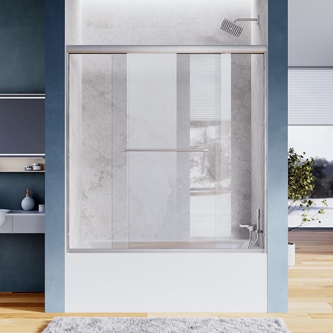 SUNNY SHOWER Glass Sliding Shower Door for Bathtub 60 W x 57.4 H inches Double Sliding Shower Bath-Tub Door 1/4 inches Clear Glass Shower Enclosure Doors for Bathroom with Brushed Nickel Finish