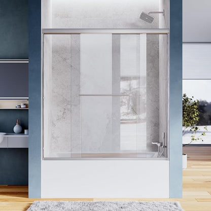SUNNY SHOWER Glass Sliding Shower Door for Bathtub 60 W x 57.4 H inches Double Sliding Shower Bath-Tub Door 1/4 inches Clear Glass Shower Enclosure Doors for Bathroom with Brushed Nickel Finish