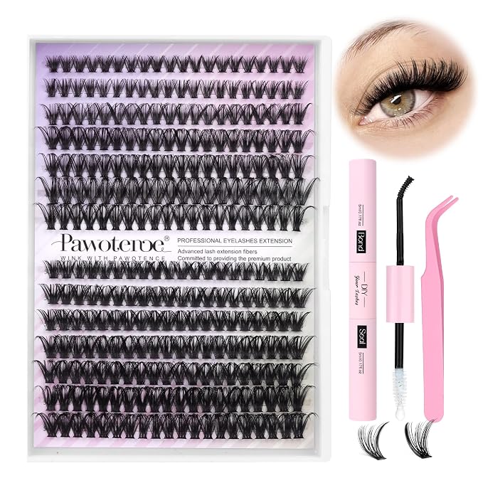 Lash Extension Kit Individual Lash Clusters Kit 40D 50D Eyelash Extension Kit 8-16mm Eyelash Clusters with Lash Bond and Seal, Lash Tweezers for Beginners (40D&50D, 0.07D, 8-16mm, Kit)