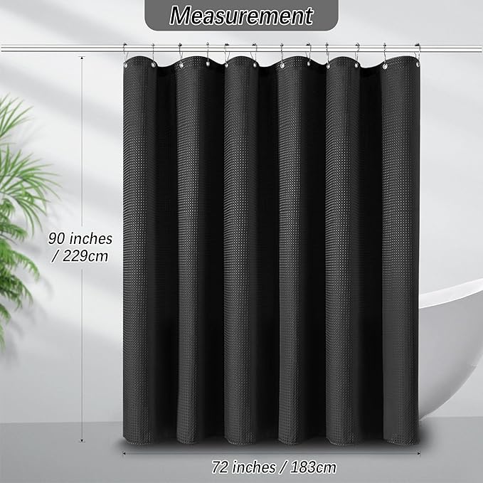 90 inch Long Waffle Textured Fabric Shower Curtains, 256GSM Heavy Duty Weighted Shower Curtain, Hotel Quality Luxury Polyester Bathroom Curtain with 12 Hooks, 72Wx90H