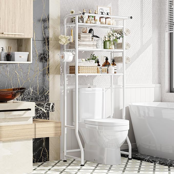 Simple Trending 3 Tier Over The Toilet Storage Rack, Metal Bathroom Shelf, Bathroom Stand Organizer Space Saver with Paper Holder and Hooks, White