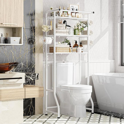 Simple Trending 3 Tier Over The Toilet Storage Rack, Metal Bathroom Shelf, Bathroom Stand Organizer Space Saver with Paper Holder and Hooks, White