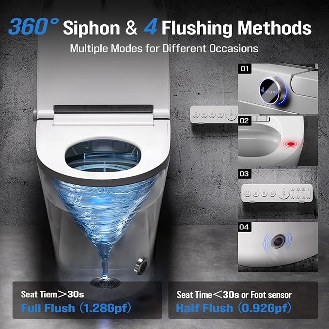 Electric Smart Toilet with Bidet Built-In & Tank, No Water Pressure Limit, Modern Design with Foam Shield, Foot Sensor & Auto Flush, Elongated One Piece, Heated Seat, Warm Air Dryer, 1000g MaP Flush