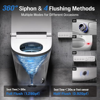 Electric Smart Toilet with Bidet Built-In & Tank, No Water Pressure Limit, Modern Design with Foam Shield, Foot Sensor & Auto Flush, Elongated One Piece, Heated Seat, Warm Air Dryer, 1000g MaP Flush