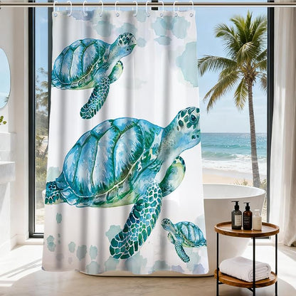 Ocean Coastal Nautical Shower Curtain, Tropical Turtle Luxury Shower Curtains for Bathroom Decor and Accessories, Waterproof Shower Curtain Set with Hooks, Machine Washable Fabric 60 x 72 inch Teal