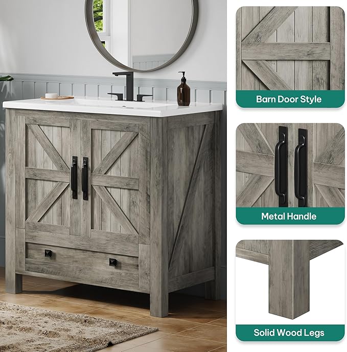 YITAHOME 30 Inch Farmhouse Bathroom Vanity with Sink, Small Space Bathroom Storage Cabinet with Large Drawer, 2 Wood Barn Doors with Built-in Door Racks