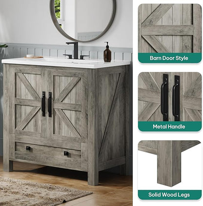 YITAHOME 30 Inch Farmhouse Bathroom Vanity with Sink, Small Space Bathroom Storage Cabinet with Large Drawer, 2 Wood Barn Doors with Built-in Door Racks