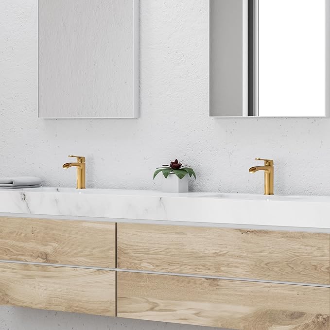 Gold Waterfall Bathroom Faucet - 4Inch Single Hole Bathroom Faucets Solid Brass Modern Single Handle Vanity Faucet for 1 Hole with Deck Plate & Overflow Pop Up Drain Brushed Gold
