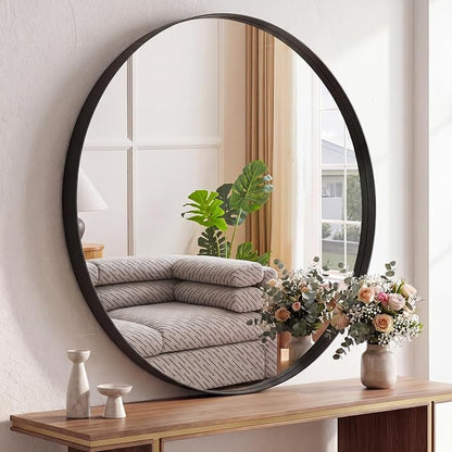 Sweetcrispy Round Bathroom Wall Mirror, Circle Vanity Mirror, 30 Inch | Matte Metal Frame, Over Sink Home Decor, Living Room Bedroom Entryway Style, Black