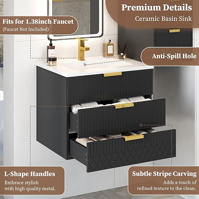 24 Inch Bathroom Vanity with Sink, Wall Mounted Bathroom Storage Cabinet with 2 Drawers, Floating Bathroom Vanities with Decor Line