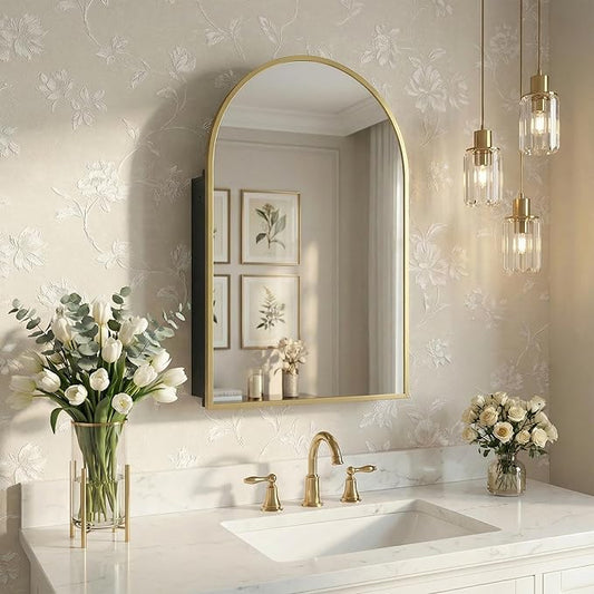 Casaphoria 36" H x 24" W Arched Bathroom Medicine Cabinet with Mirror, Metal Frame Wall Mirror Cabinet, Wall Medicine Cabinets Mirrors, Gold