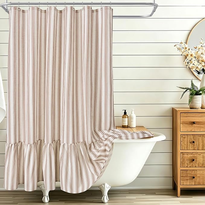 ORTIGIA Linen Textured Ruffle Shower Curtain 72x72 Inch with Metal Hooks, Vintage Cream-Brown Waterproof Bath Curtain for Rustic Farmhouse Bathroom Decor