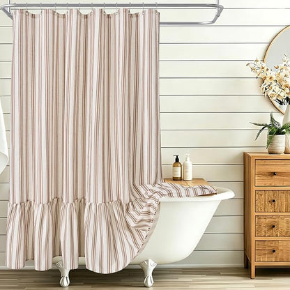 ORTIGIA Linen Textured Ruffle Shower Curtain 72x72 Inch with Metal Hooks, Vintage Cream-Brown Waterproof Bath Curtain for Rustic Farmhouse Bathroom Decor