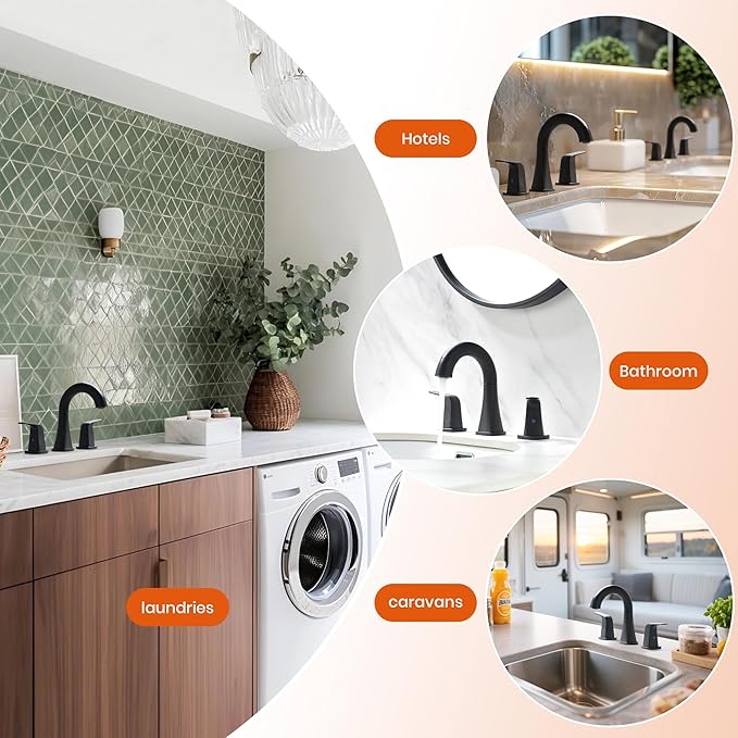 Pull Down Bathroom Faucet Black- Matte Black Sink Faucet with Sprayer, Bathroom Pull Out Faucets, 2-Handles Widespread Vanity Faucets 3 Hole 8 Inch 360 Swivel Spout with Pop-up Drain & Lines