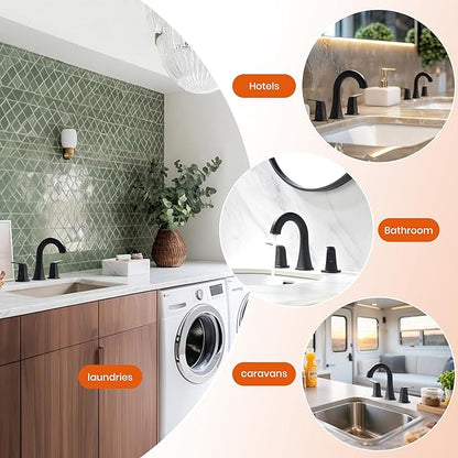 Pull Down Bathroom Faucet Black- Matte Black Sink Faucet with Sprayer, Bathroom Pull Out Faucets, 2-Handles Widespread Vanity Faucets 3 Hole 8 Inch 360 Swivel Spout with Pop-up Drain & Lines