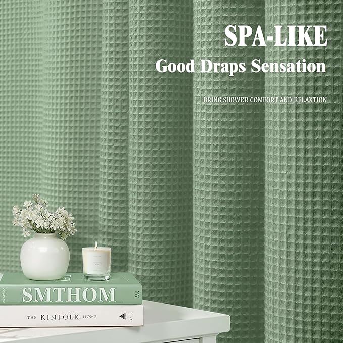 Waffle Weave Shower Curtain - Sage Green Cotton Fabric Texture Heavyweight Shower Curtains for Bathroom,Washable,72Wx72L