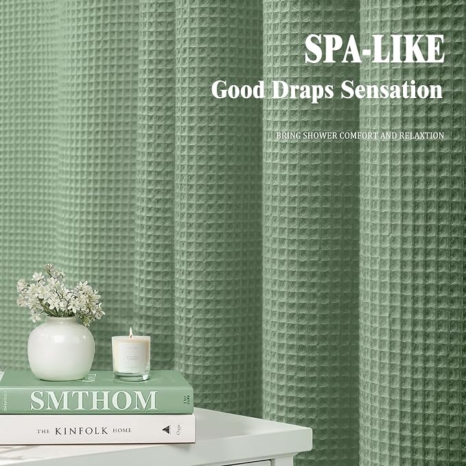 Long Waffle Shower Curtain Heavyweight Cotton Fabric Sage Green 72Wx78L | Soft Cotton Cloth,3D Square Truely Waffle,Washable, Hotel Luxury Spa, Shower Curtains for Narrow Bathroom 12 Plastic Hooks