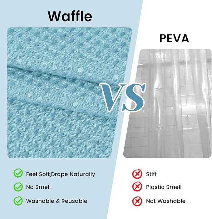 SORTTO No Hook Shower Curtain with Snap in Liner Set Waffle Shower Curtain for Bathroom Hotel Style Fabric Waterproof Inner Liner，71" W x 74" H, Cyan