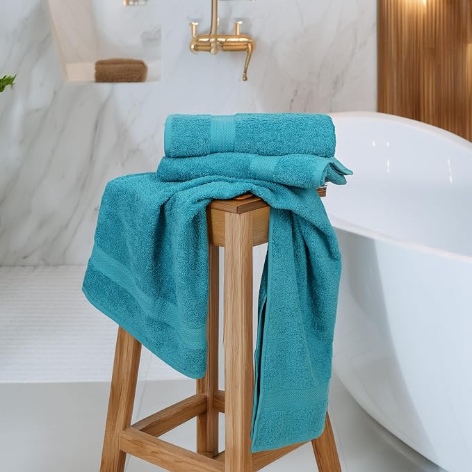 Medium Size Bath Towels Set of 6 – 100% Cotton Terry – 24" x 48" – Quick Dry, Soft & Highly Absorbent – Teal Blue Towels for Bathroom, Gym, Spa, Pool & Daily Use
