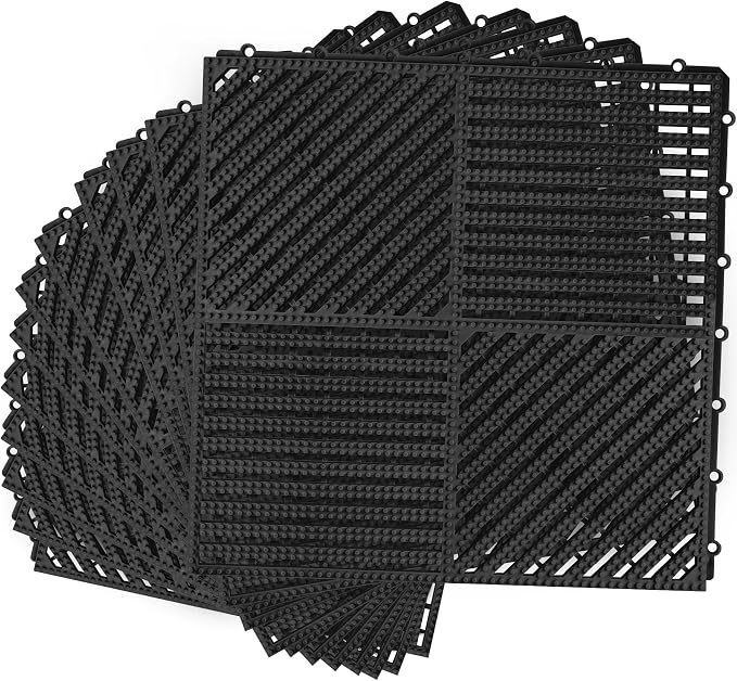 Modular Interlocking Cushion 12 Pack 11.8" x 11.8" Rubber Floor Tiles Non-Slip Splicing Drainage Mats for Deck, Pool, Shower, Patio, Balcony, Bathroom, Kitchen, Yard (2 Rows Dots, Black)