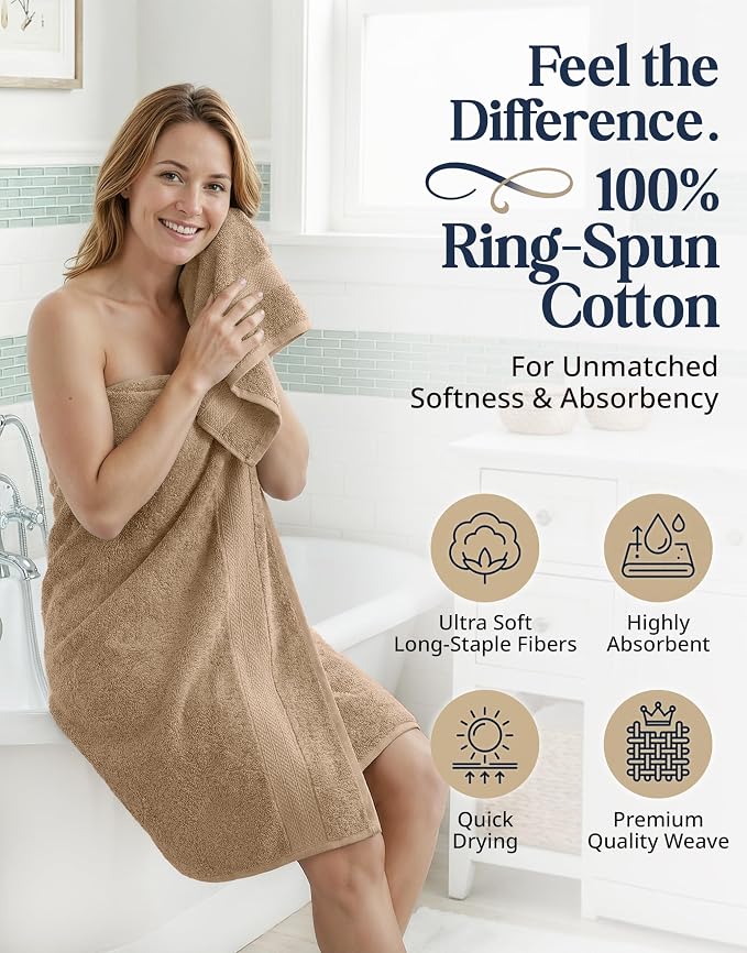 LANE LINEN Towel Set Quick Dry 100% Cotton 16 Piece Soft Absorbent - Taupe | Towels And Washcloths - Ring-Spun Durability, Terry Weave Comfort, Soft & Long-Lasting, Easy-Care