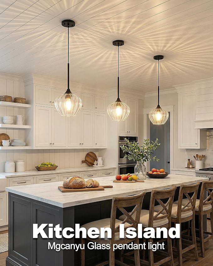 2-Pack Glass Pendant Lights Kitchen Island, 7.7" Modern Black Glass Pendant Lighting Farmhouse Hanging Light Fixtures for Kitchen, Dining Room, Bathroom, Bedroom