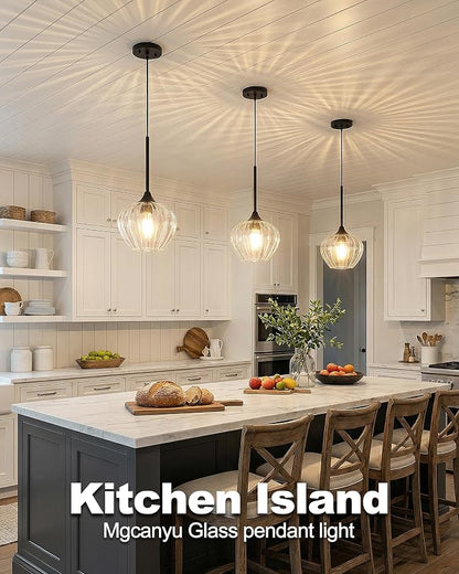 2-Pack Glass Pendant Lights Kitchen Island, 7.7" Modern Black Glass Pendant Lighting Farmhouse Hanging Light Fixtures for Kitchen, Dining Room, Bathroom, Bedroom