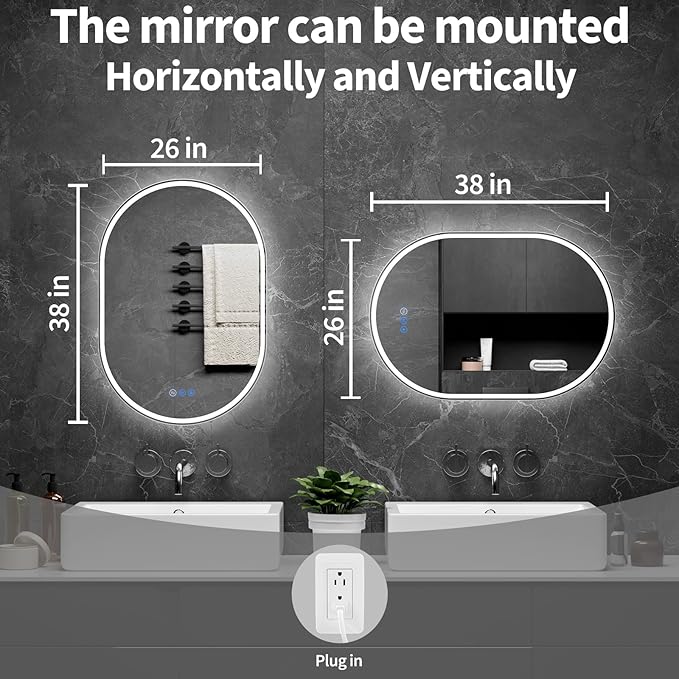 Oval LED Bathroom Mirror, 26"x 38" Frameless Lighted Mirror | LED Mirror with Front Light & Backlit, Anti-Fog, Dimmable Wall Mounted Lighted Mirror, Pill-Shaped Smart Bathroom Mirror