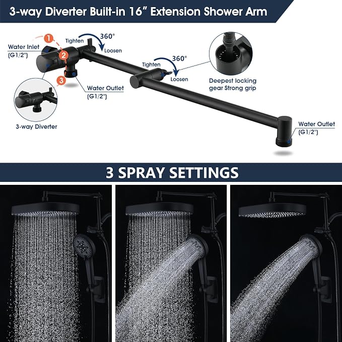 PDPBath 14 Inch Rain Shower Head with 5+1 Settings Handheld Spray Combo, High Pressure Rainfall Shower Head with 16'' Upgrade Adjustable Extension Arm, 79" Extra Long Hose, 3-Way Diverter, Matte Black