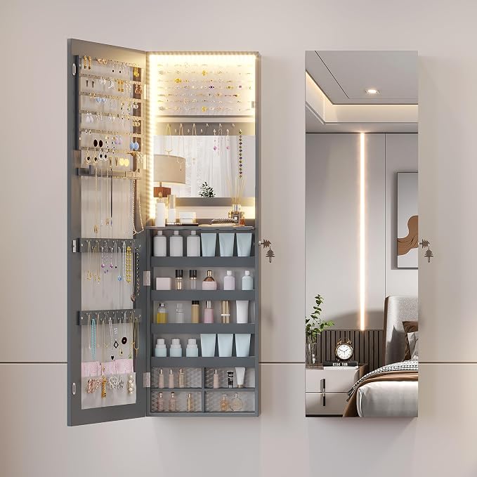47.2" LED Jewelry Mirror Cabinet, Wall/Door Mounted Jewelry Armoire Organizer with Full Length Mirror, Large Storage Hanging Cabinet, 4 Drawers, 5 Shelves, Built-in Lighted Mirror (Grey)