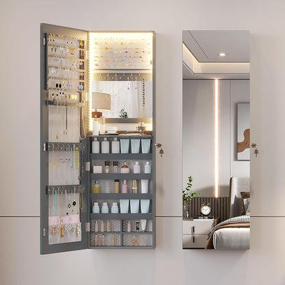 47.2" LED Jewelry Mirror Cabinet, Wall/Door Mounted Jewelry Armoire Organizer with Full Length Mirror, Large Storage Hanging Cabinet, 4 Drawers, 5 Shelves, Built-in Lighted Mirror (Grey)