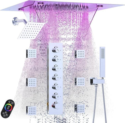 Enga Luxury Dual Shower Head System with Body Jets LED Thermostatic Shower System with 6 inch Wall Shower, 20-Inch 3 Function Shower Head (Rainfall & Mist & Waterfall), Chrome