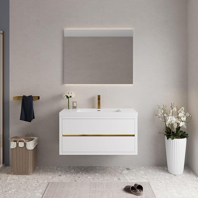 42" Floating Bathroom Vanity with Sink, Wall-Mounted Bathroom Storage Vanity Cabinet with Resin Top Basin and Soft Close Drawers, Fully Assembled, Glossy White